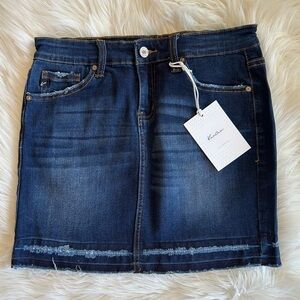KanCan Distressed Dark Wash Denim Mini Skirt, Small